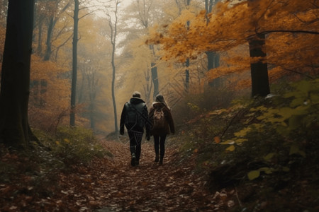 秋天森林中携手同行的夫妇图片