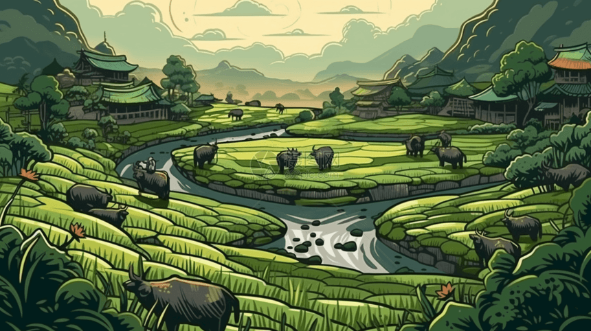 农村田野中耕作的水牛图片