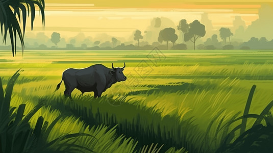 水稻田中放牧的水牛插图图片