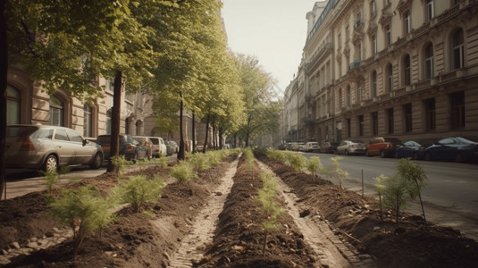 绿化造林城市道路中间种植的树苗背景