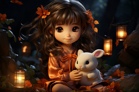 抱着兔子的女孩沉浸在中秋节的氛围中图片