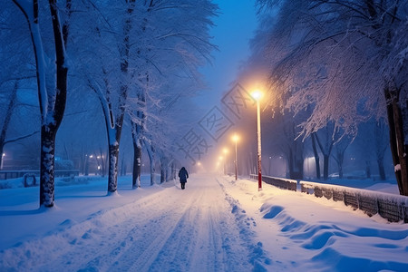 下雪夜晚户外积雪的街道背景