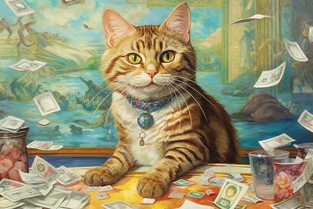 猫在数钱背景图片
