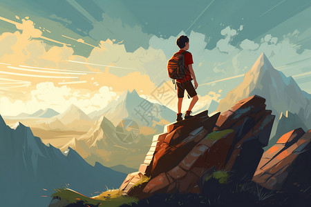 登顶珠峰在山顶上的男孩插画