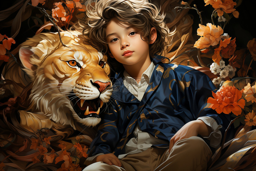 狮子和男孩的插画图片