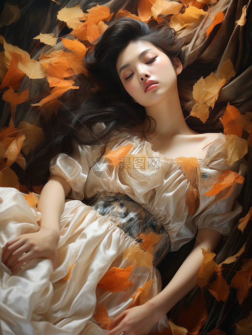 长裙女人躺在落叶间图片