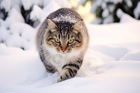 可爱雪虎猫在雪地里背景