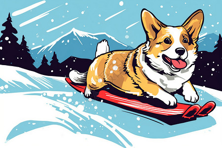 狗雪橇柯基犬在雪橇上滑下雪山插画