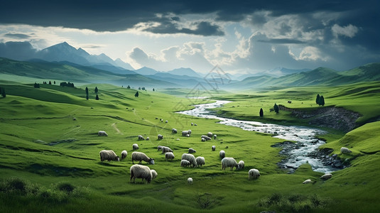 草原河流牛羊图片