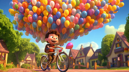 骑自行车拉气球的男孩背景图片
