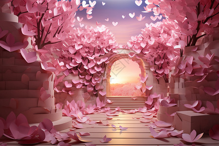 房门打开一个充满粉色心形纸的房间设计图片