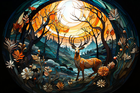 森林里的麋鹿插画背景图片