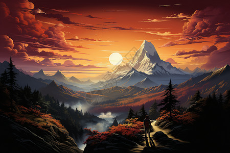 夕阳下勇登高峰的旅行者背景图片