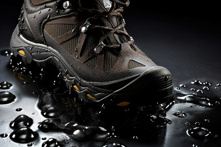 户外网鞋素材雨中的防水登山鞋特写背景