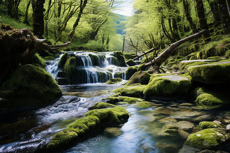 森林瀑布的美丽景观高清图片