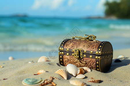 海滩上的宝藏盒子和贝壳图片