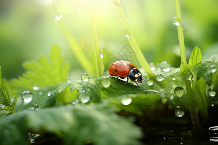 雨水二十四节气树叶上的一只瓢虫背景