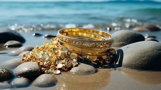 黄金沙滩礁石上的珠宝背景