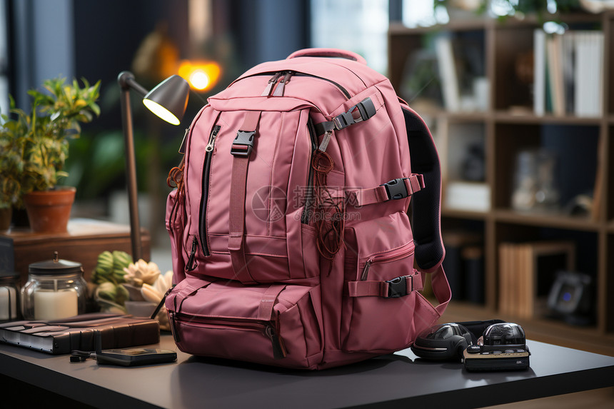 粉红色的背包放在桌上图片