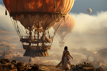 女人与沙漠热气球背景图片