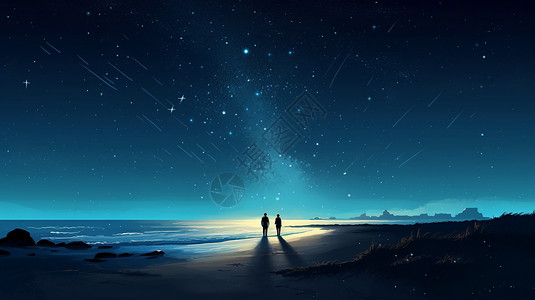 工厂晴朗夜空夫妇晚上在海滩上散步插画