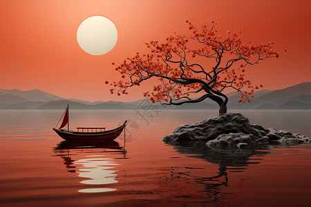 湖的孤独湖面上划行的小船插画