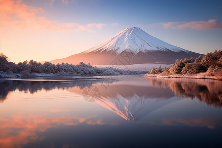 富士山脚下宁静的湖泊背景图片