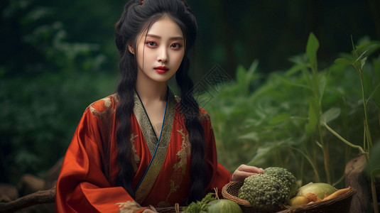 冷艳香车美女种菜的汉服美女背景