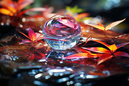 枫叶透明素材秋天滴落的水珠背景