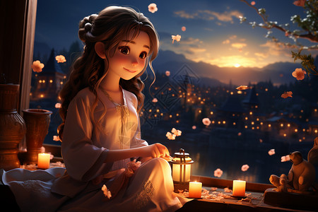 中秋节赏月的女孩背景图片