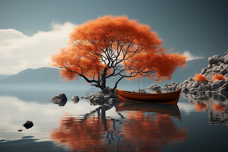 橙色的树和船背景图片