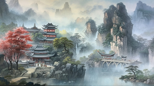 仿古山水建筑背景图片