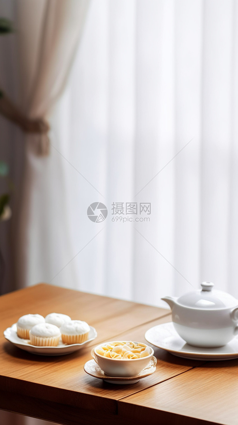 白色窗帘木纹彩色桌面桌一些甜点图片
