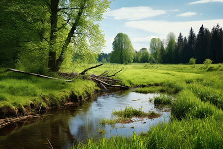 森林边的河流景色图片