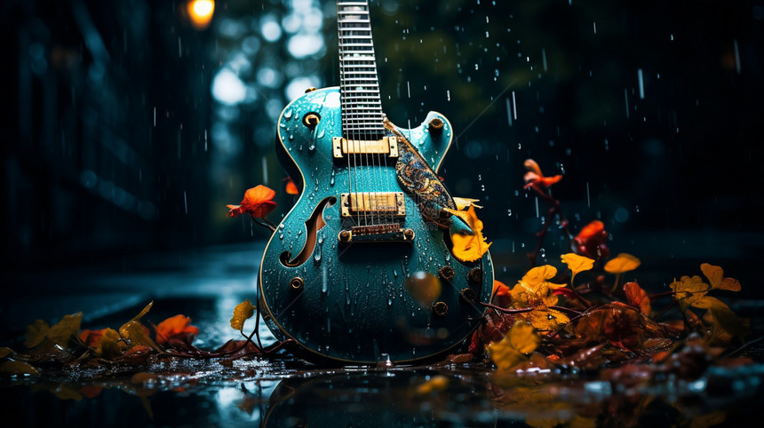 下雨街道上的吉他图片