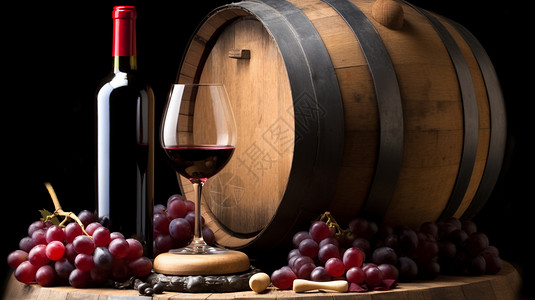 橡木酒桶桌子上的红酒和葡萄背景