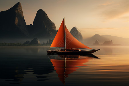 极简人物橙色的船和一个人设计图片