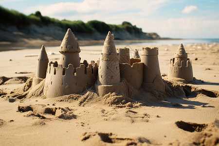 度假沙滩上的沙雕城堡背景图片