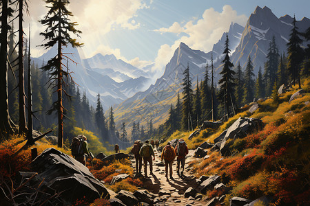结伴同行徒步旅行的山间风景插画