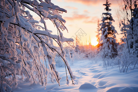 夕阳下的雪中树林图片