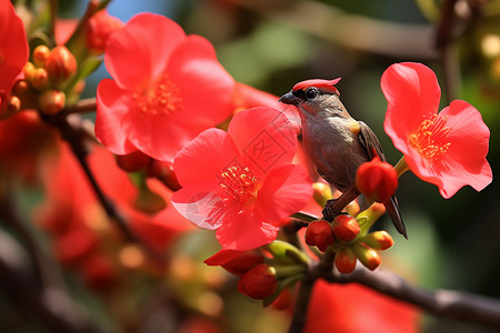 观鸟台夏天花园中盛开的红色花朵背景