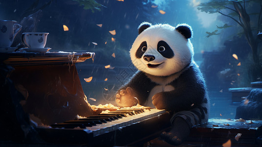 弹钢琴男孩卡通熊猫弹钢琴插画