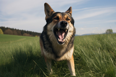 草地上大叫的狗高清图片