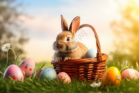 草地上的兔子和彩蛋背景图片