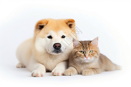 秋田犬和小猫躺在地上背景图片