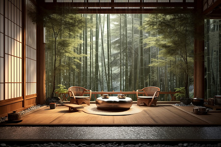 自然里的新中式茶馆背景图片