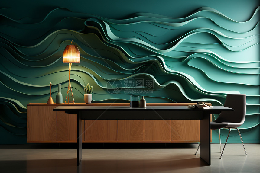 室内的抽象绿色波浪背景墙壁图片