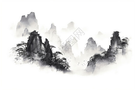 山间云雾缭绕的水墨画图片