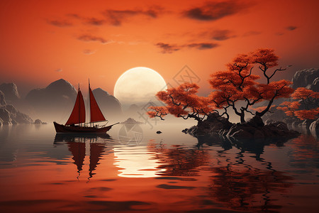 中式艺术船只场景背景图片