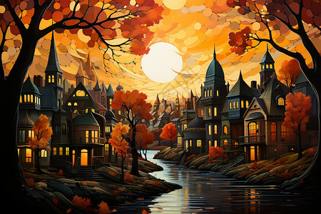 丰富多彩的秋天色城市景观背景图片